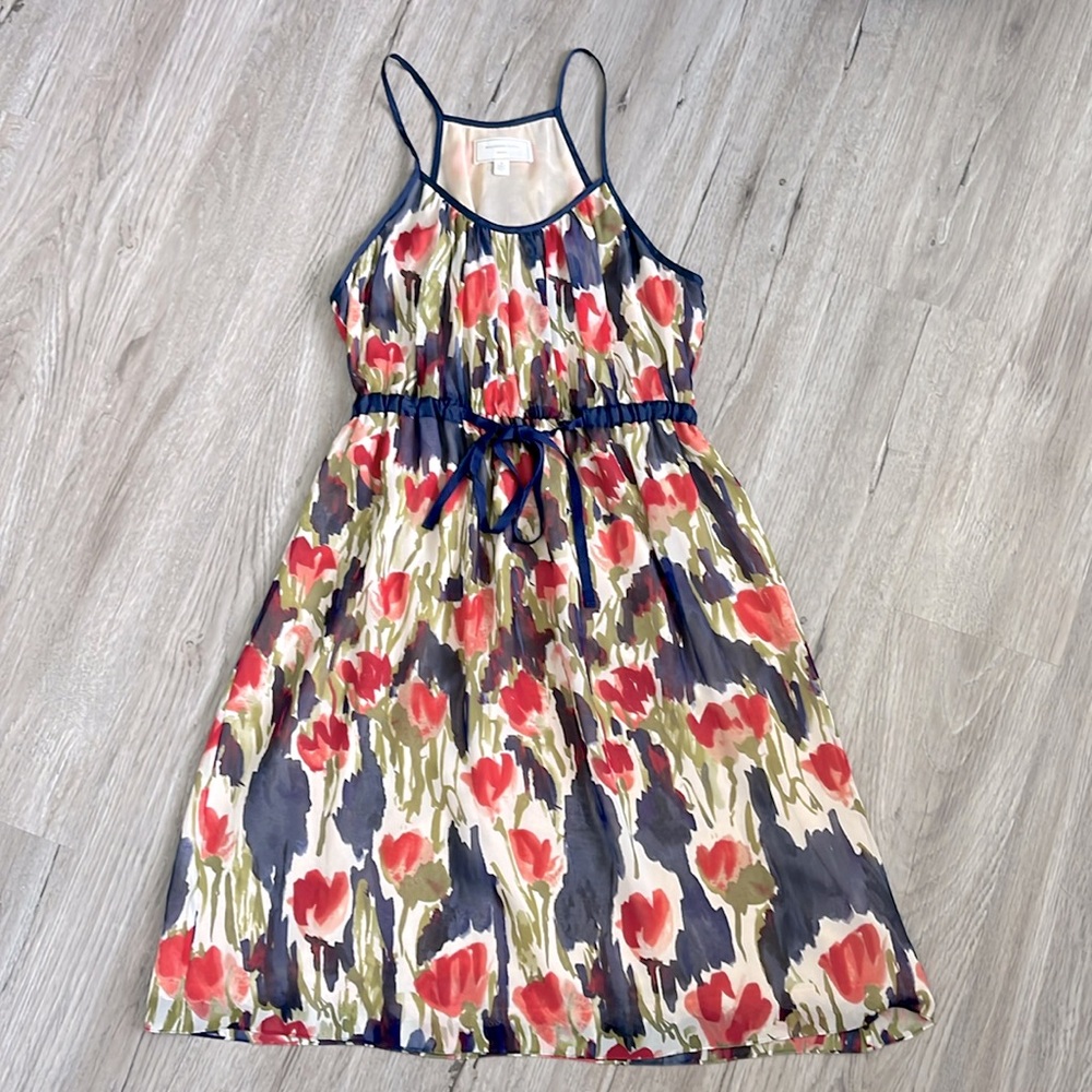Anthropologie 100% silk floral ribbon waist dress